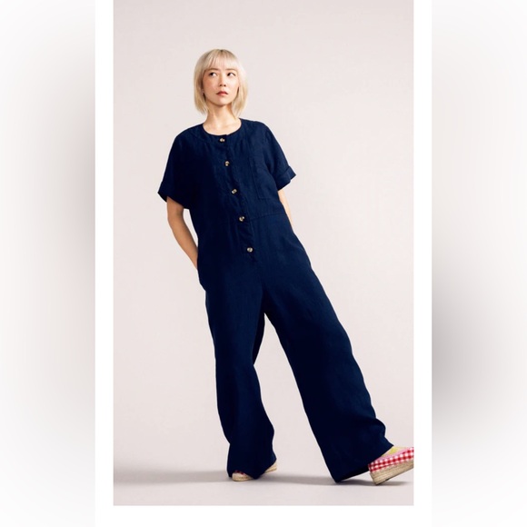 NWT navy linen button up jumpsuit - Picture 2 of 10